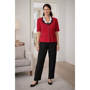 Vintage Kathie Lee 2 Pc Set Red Blazer Black Pants Suit Modern Medium Career